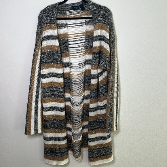 Daytrip Shredded Back Knit Cardigan Size Large Striped Longline Duster - Picture 5 of 9